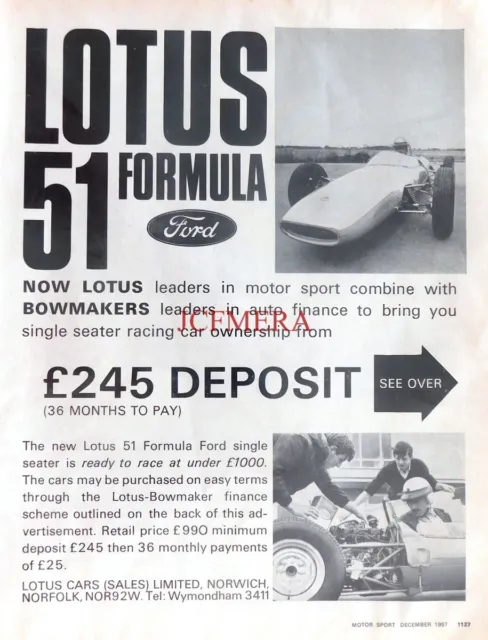Lotus '51 FORMULA FORD' 1967 Race Car, Original  Motor Car Advert: 660-139
