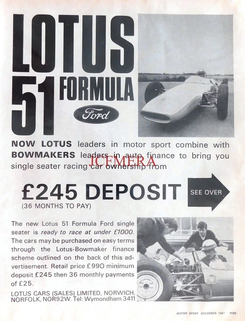 LOTUS '51 FORMULA FORD' 1967 Race Car, Original Motor Car Advert: 660 ...