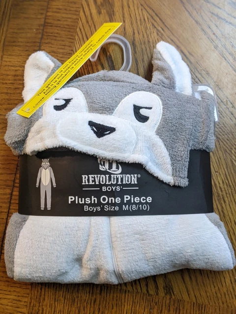 WOLF Plush Hooded One Piece Boys Girls Zip Front M Medium 8/10 OT Revolution PJS