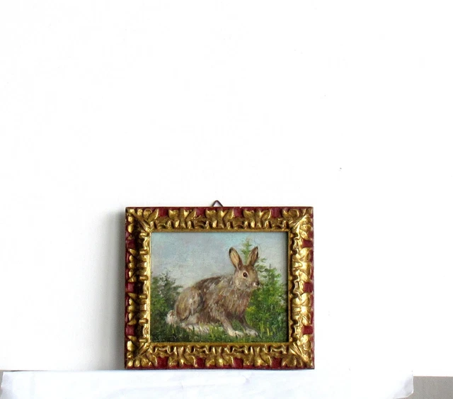 Cadre Ancien Bois Dore Peinture Huile Sur Toile "Lapin"