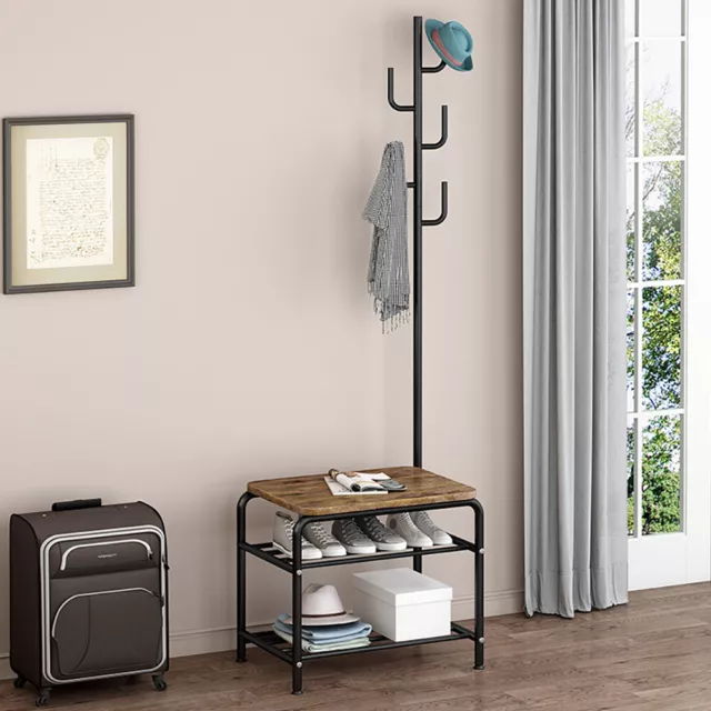 3 in 1 Coat Rack Entryway Shoe Bench Hall Tree Bench w、 Storage Shelf Iron Pipe