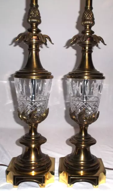 Vintage Pair STIFFEL Brass & Crystal Table Lamps McM Hollywood Regency 38” Tall