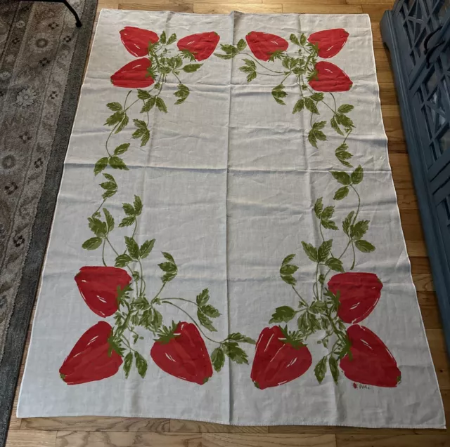 Vera Neumann Vtg Rectangle Tablecloth 50x66 Strawberries Strawberry Design Linen