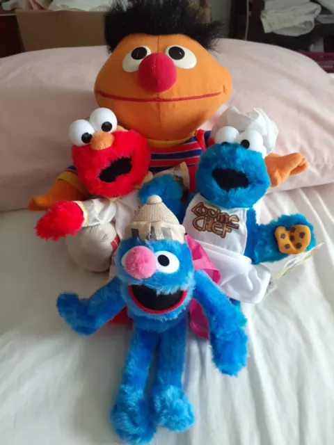 4 Vintage Sesame Street Plush Toys Cookie Monster, Ernie, Grover, Elmo