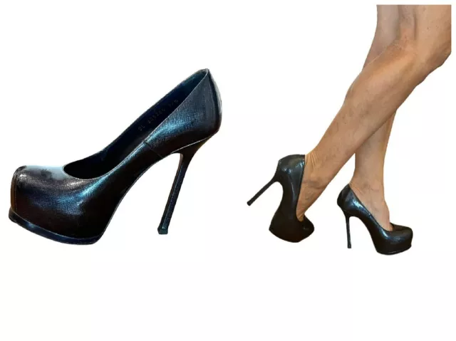 YSL Yves Saint Laurent  Navy Blue Vernigolf Patent Tribtoo Platform Pumps 37.5 7