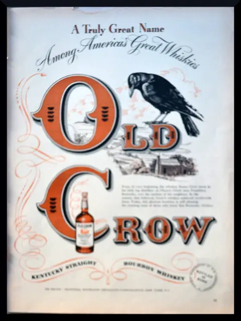 1949 Old Crow Bourbon Whiskey Original art vintage print ad James Crow Great art