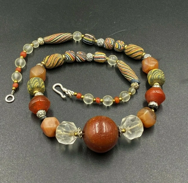 Ancient rare Antique agate crystals  and glass Beads Necklace