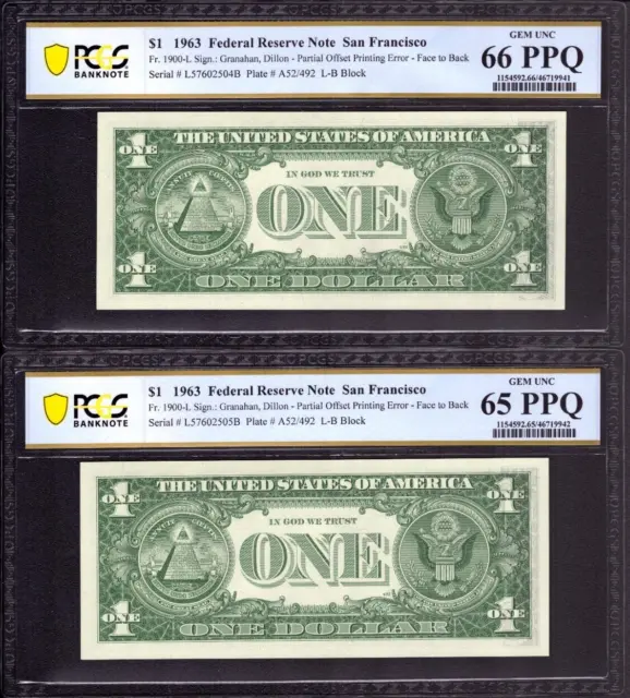1963 $1 Frn San Francisco Sequential Offset Printing Error Notes Pcgs 66/65 Ppq