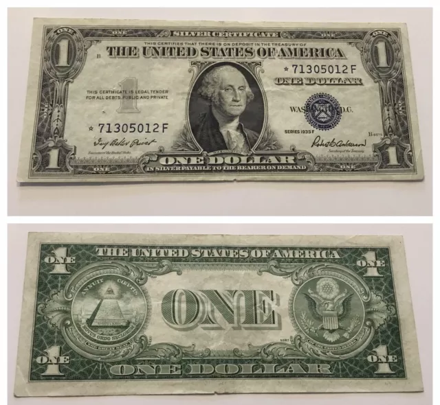 Vintage 1935-F Star $1 Silver Certificate One Dollar Bill Blue Seal Washington
