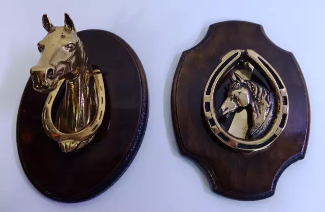 Pair of Vintage Mounted Horse Shoe Horse Head Solid Brass Wall Art Door Knockers