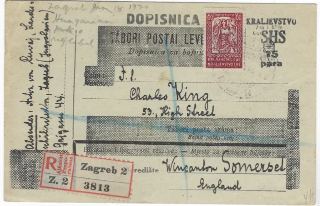Ungarn Serbien Zagreb Besatzung 1920 registrierte aktualisierte Karte nach England