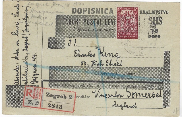 Ungarn Serbien Zagreb Besatzung 1920 registrierte aktualisierte Karte nach England