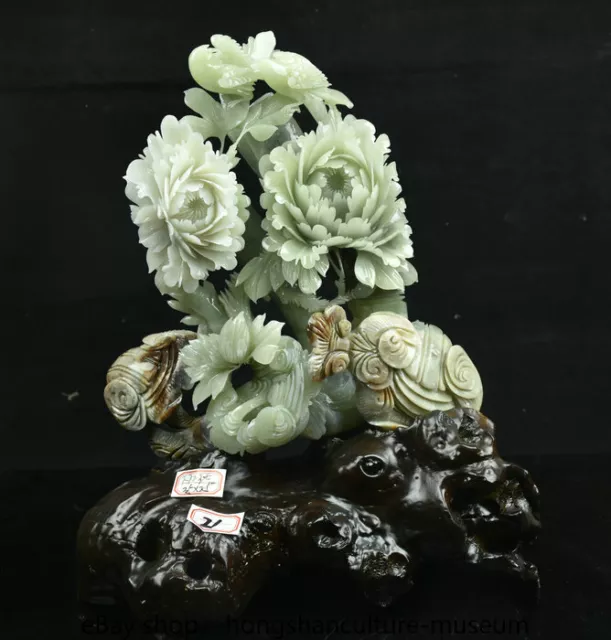 12.8" China natural xiu jade jadeite carved flower peony flower bird sculpture