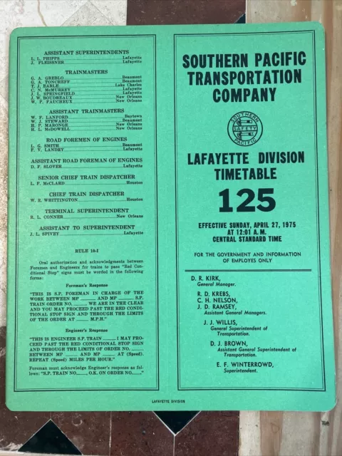 Southern Pacific Lafayette Division Employee Timetable #125 April 27,1975-Mint