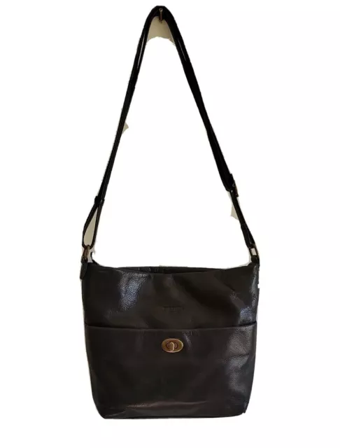 Margot New York Womens Crossbody Purse Black Leather Zip Top Turn Lock Pocket