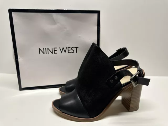 Nine West Women's  pickens Sandal  Black Leather Block Heel Slingback Size 10.5