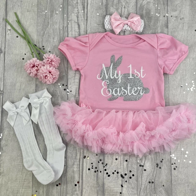 BAMBINA 1A ABITO ROSA PASQUALE, Romper tutù argento coniglio neonato primo pasquale