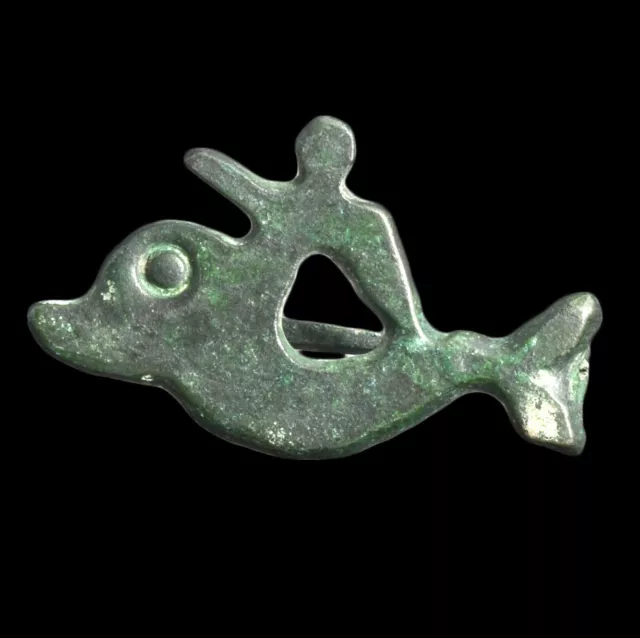 Dolphin Replica Zoomorphic Roman Bronze Fibulae Brooch With Antique Green Patina