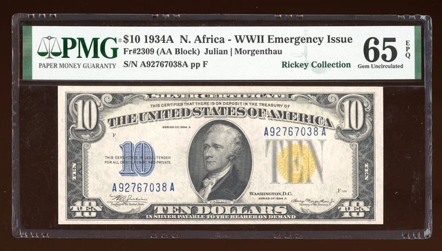 DBR 1934-A $10 North Africa Silver Gem Fr. 2309 PMG 65 EPQ Serial A92767038A