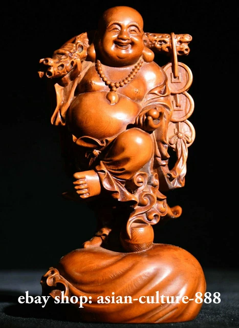 6" China Boxwood Wood Carved Happy Laugh Maitreya Buddha Money Bag Wealth Statue