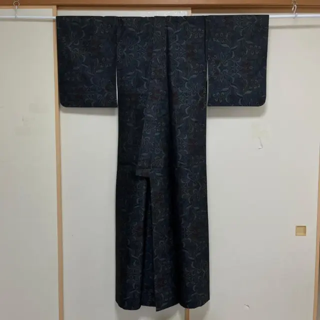 Japanese Kimono Oshima Tsumugi Silk Pongee Weave 160cm Leaf Pattern Indigo Blue 2