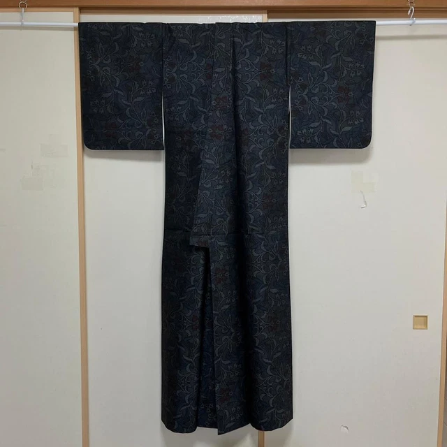Japanese Kimono Oshima Tsumugi Silk Pongee Weave 160cm Leaf Pattern Indigo Blue 2