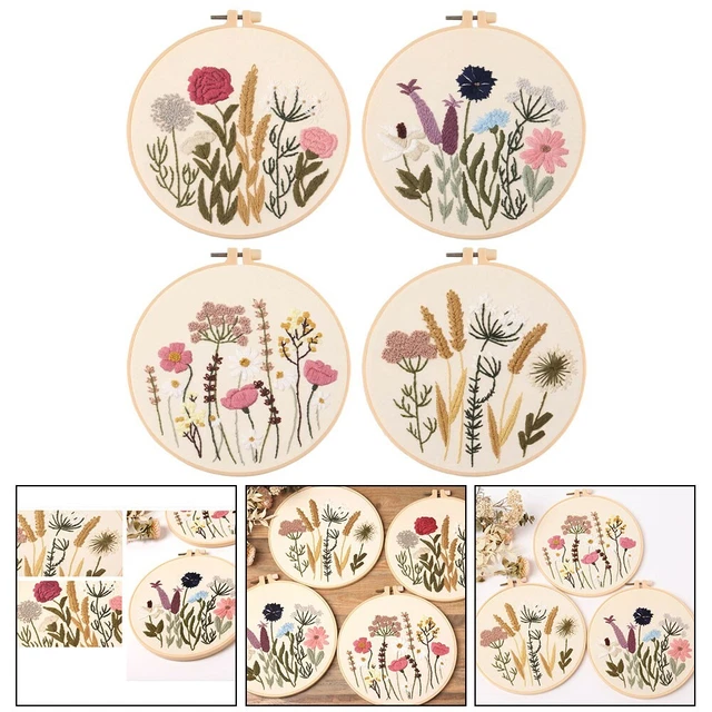 Joyeee Kit Broderie Debutant, 4pcs Motifs Fleurs Kit De Broderie Avec Fil à Broder Tambour Broder Outils Inclus Und Instructions, Embroidery Starter Set Pour Débutant