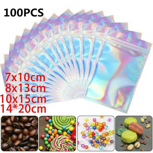 100Pcs Holographic Rainbow Zip Lock Bags Clear Zip Seal Mylar Bags Foil Pouches