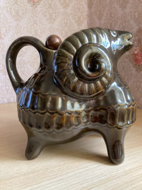 Ukrainian Ceramic Ram Decanter, Vintage Soviet brown clay decanter