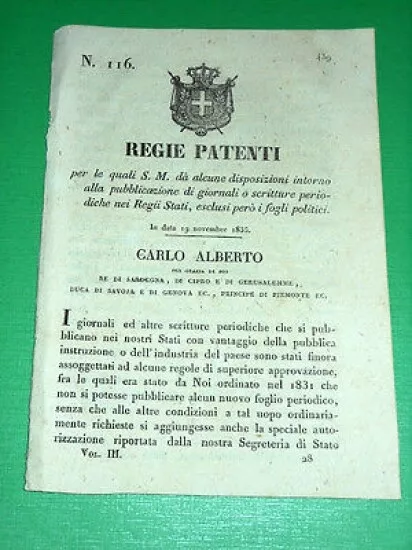 Decreto Regno Sardegna Torino Regie Patenti Disposizioni Pubblicazione Giornali