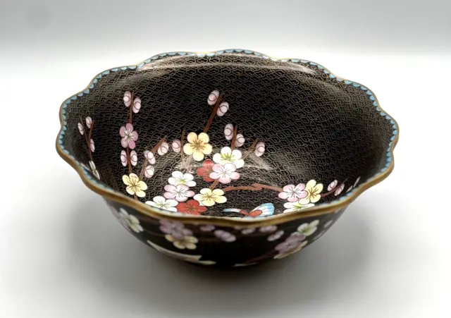 Cloisonne Enamel Bronze Bowl,, Made in China Flowers & Butterflies 9" * Vintage