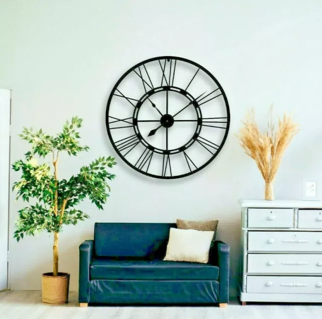 100cm Handmade Large Wall Clock Metal Clock Roman Numerals Black Wall Clock