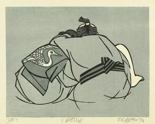 Clifton karhu 1972 Japanese Original Woodblock print Signs Of Love "Crane" NW172 2