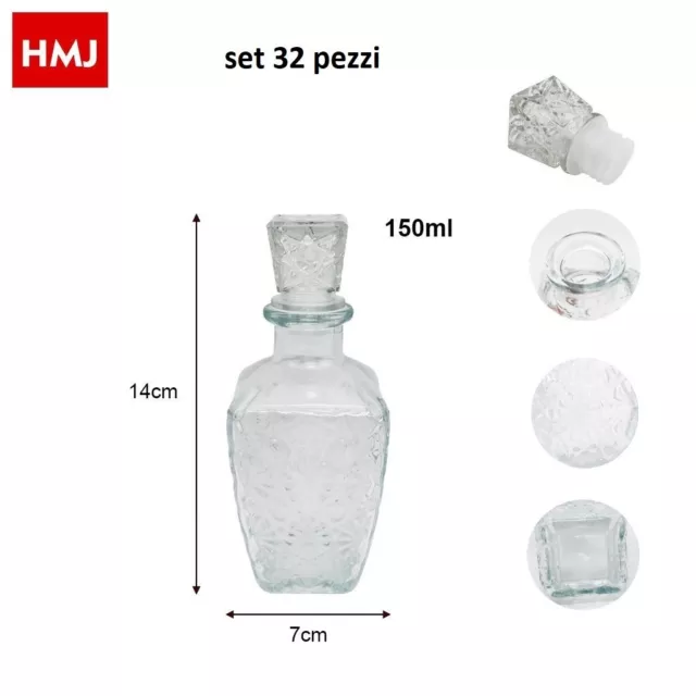Set 32 Pezzi Bottiglia Decorata Vetro Liquori Bevande Quadrata 150ml hmj