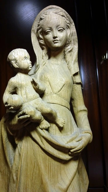 Antique 23" Wood Hand Carved Virgin Mary Our Lady Madonna Jesus Statue Figure
