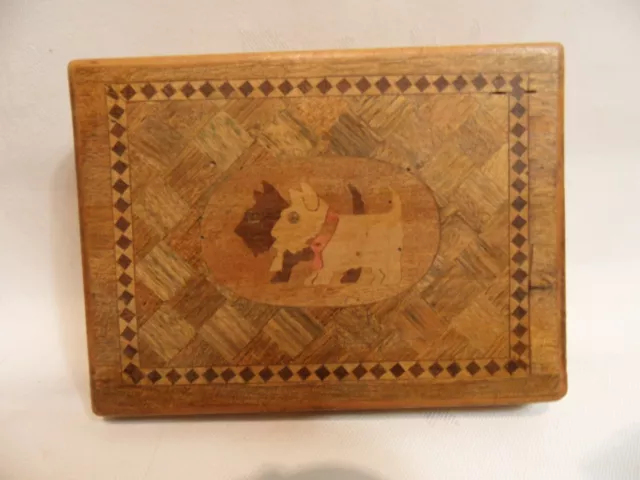 Small  Japanese Decorative Inlaid Wooden Box With Two Scottie Dogs On The Lid