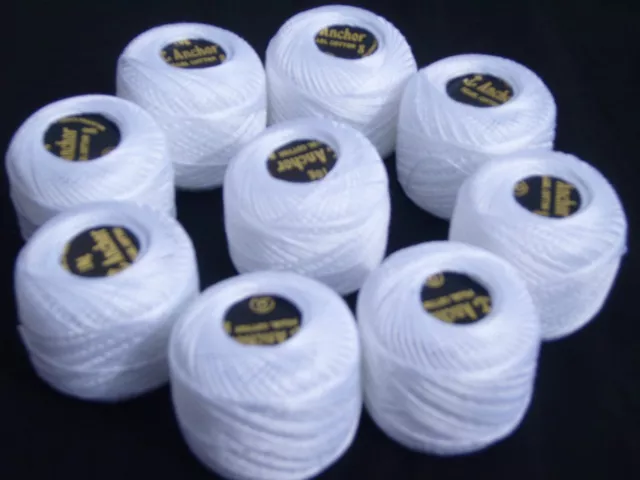 ANCHOR Pearl Cotton,10 White Balls Box. Size 8, 85 Mtrs each