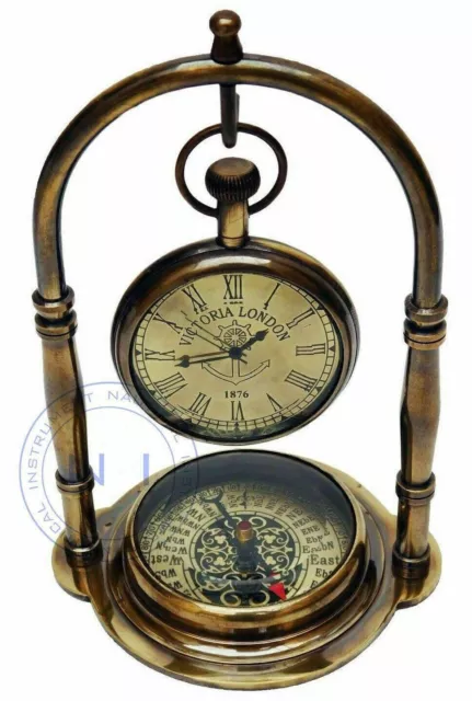 Reloj de escritorio antiguo de latón marítimo con brújula decoración del...