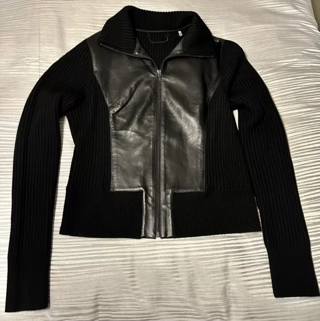 Elie Tahari Black Leather and Wool Jacket , Size Large, Retailed For $395!