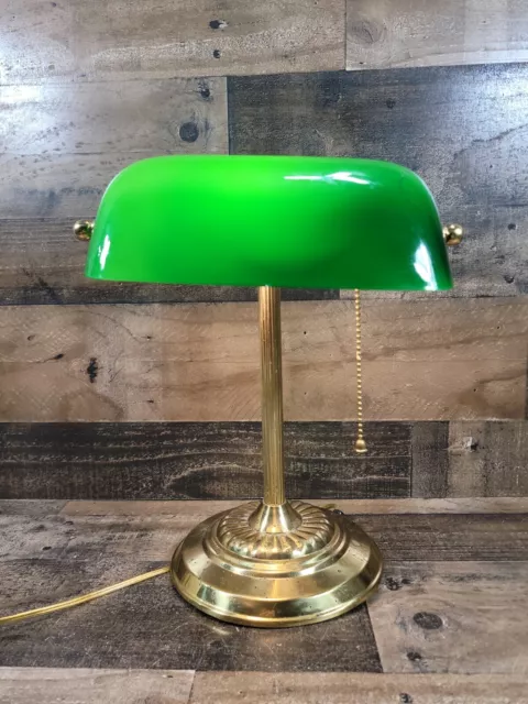 Vintage Banker's Desk Lamp Metal Brass Stand & Emerald Green Shade 13" Tall VTG