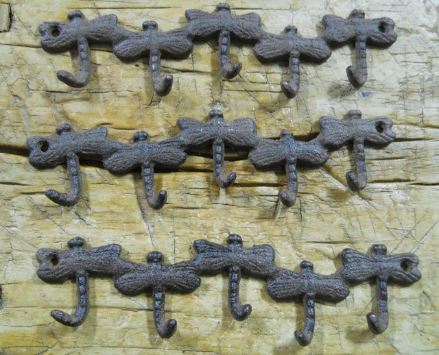 3 Cast Iron DRAGONFLY Towel Coat Hooks Hat Hook Key Rack Rustic BROWN Finish