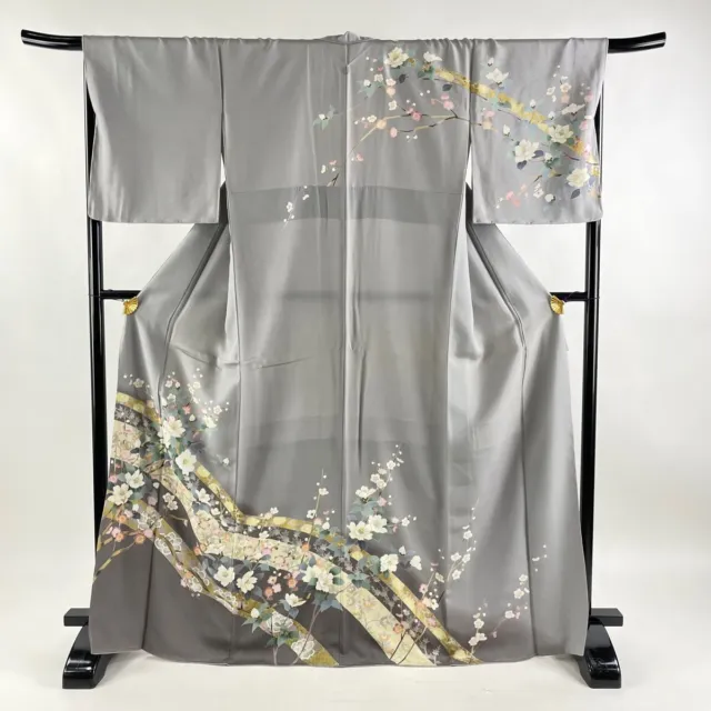 Japanese Kimono Silk Houmongi Vintage Gold Leaf Camellia Plum Blurred Gray 66"