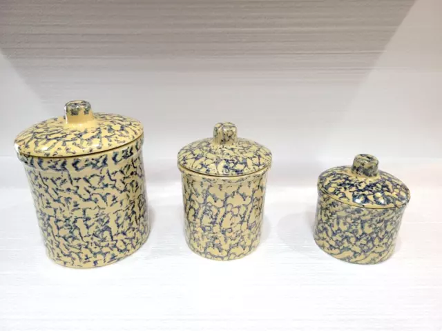 Vintage Ransbottom Robinson Pottery Blue Spongeware Canister Covered Jar Set  3