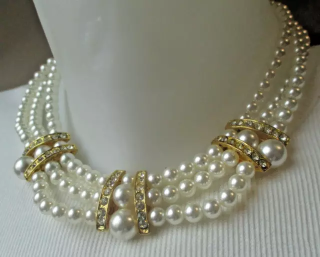 collier 3 rangs perles blanc nacré cristal ancien fermoir clip bijou vintage 790