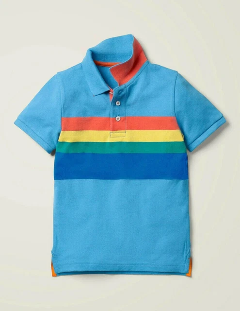Mini Boden Kid's Rainbow Stripe Pique Polo Shirt In Blue -Slightly Imperfect