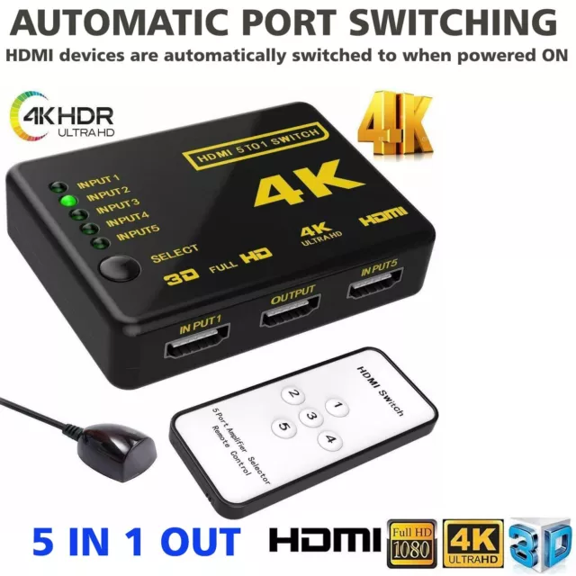 4K HDMI Switch Switcher 5 Port Splitter Hub IR Remote For HDTV PS3 5 In 1 Out UK