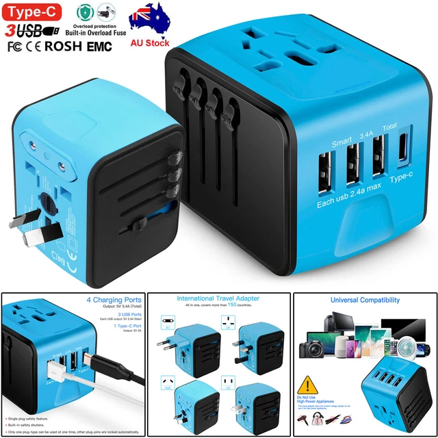 International Travel Adapter Universal 3 USB+Type C Power Adapter Worldwide 3.4A
