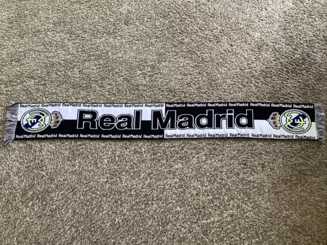 REAL MADRID FC Soccer Scarf, Black and White with Color Logo, Official Tags