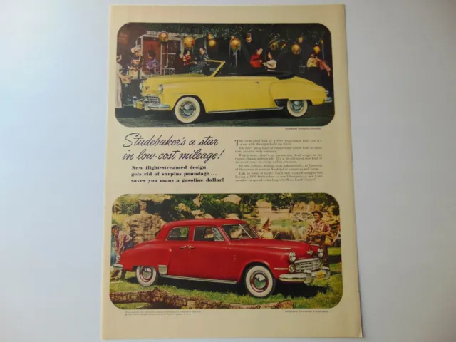 1949 STUDEBAKER Yellow Convertible & Red 4-Door Sedan vintage art print ad
