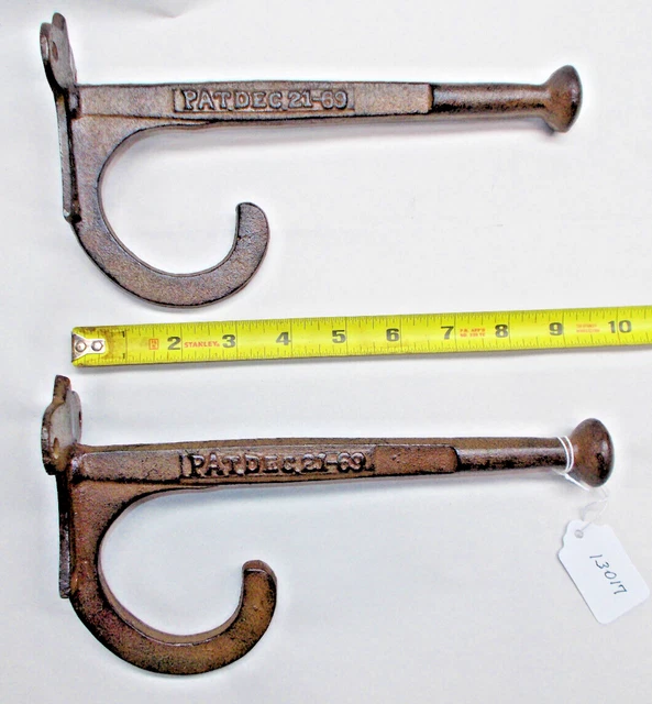 Hooks, Vintage Pair of Cast Iron Hat, Coat or Barn Tack Hooks Pat. 12-21-69
